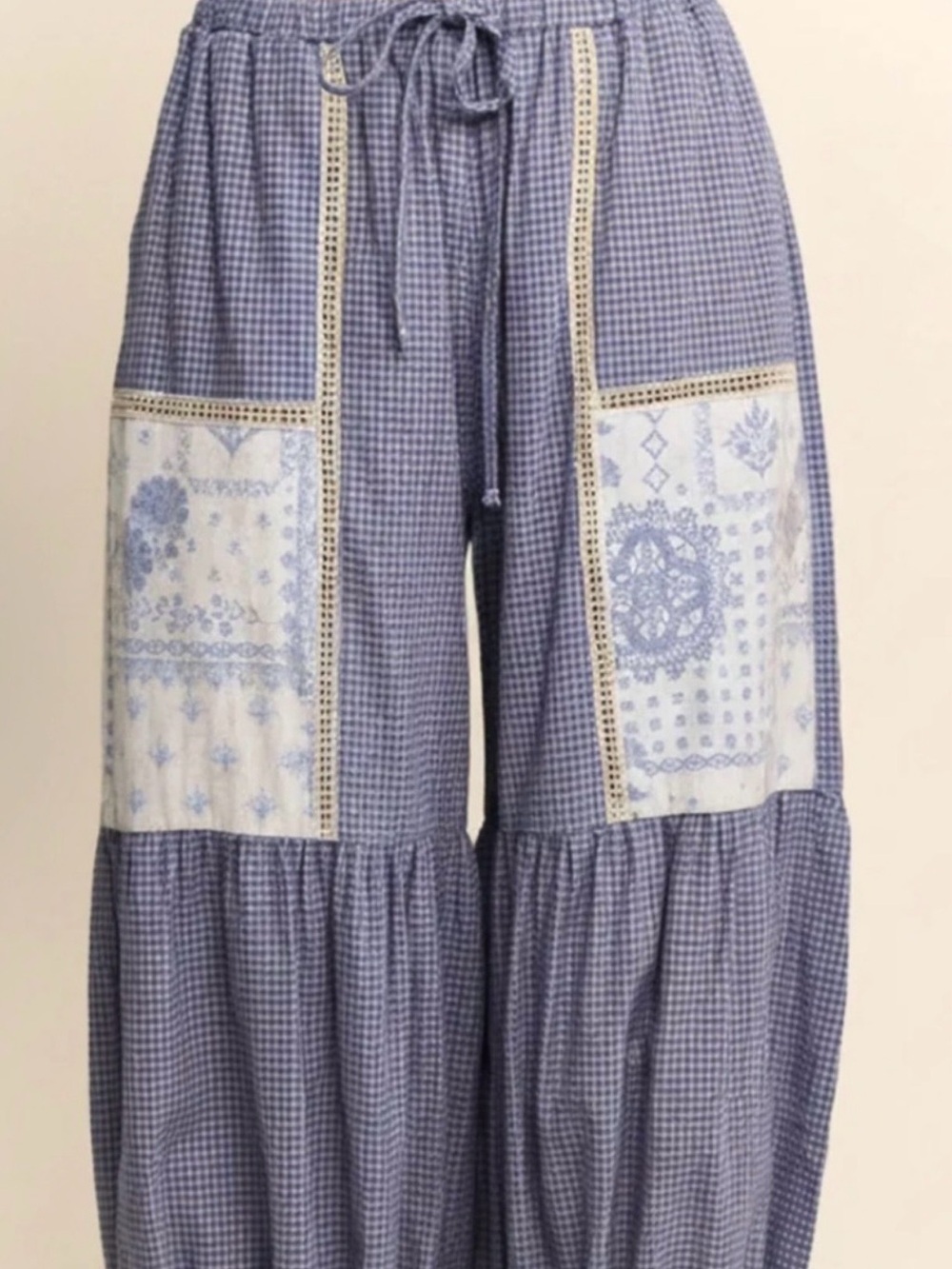 Blue Gingham Patchwork Boho Bloomer Pants